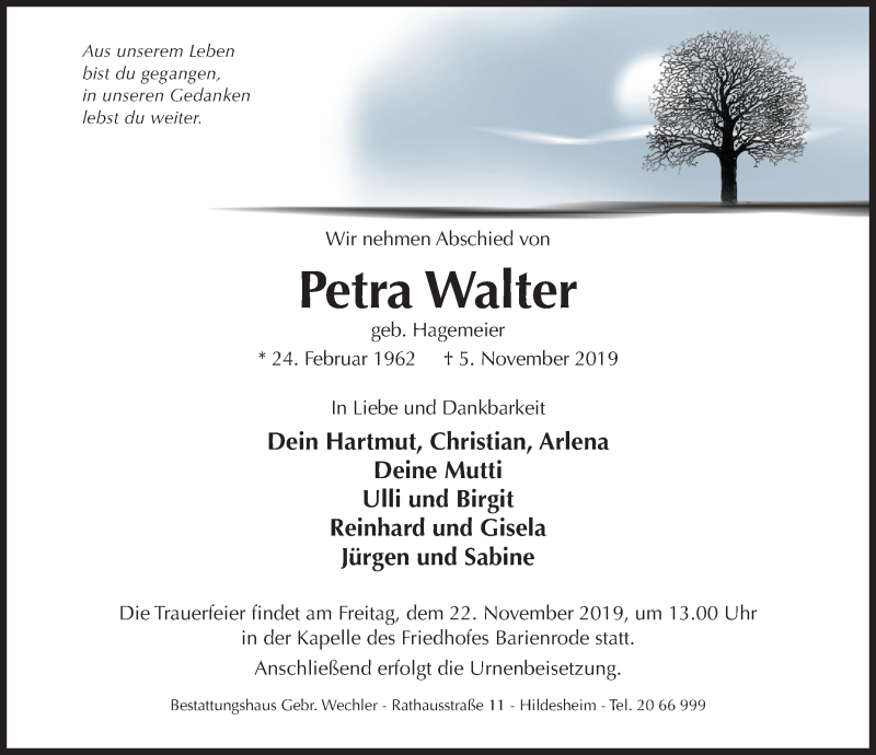 Traueranzeige für Petra Walter vom 16.11.2019 aus Hildesheimer Allgemeine Zeitung