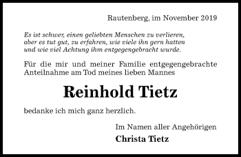 Traueranzeige von Reinhold Tietz von Hildesheimer Allgemeine Zeitung