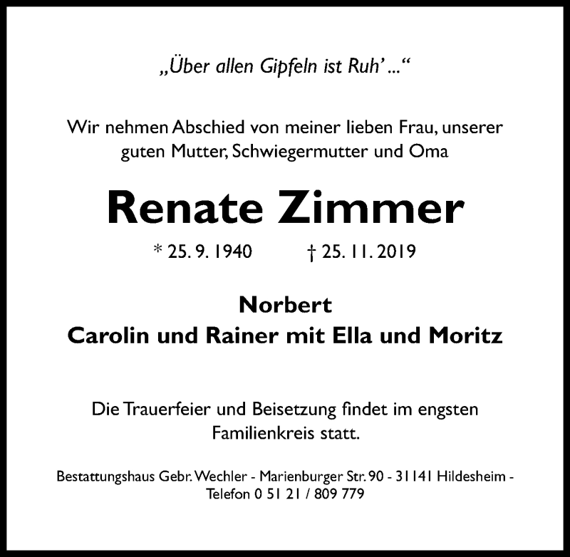  Traueranzeige für Renate Zimmer vom 30.11.2019 aus Hildesheimer Allgemeine Zeitung