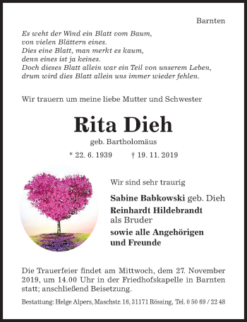 Traueranzeige von Rita Dieh von Hildesheimer Allgemeine Zeitung