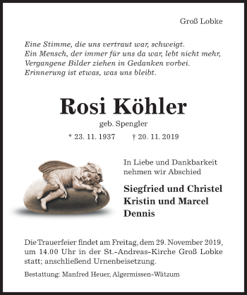 Traueranzeige von Rosi Köhler von Hildesheimer Allgemeine Zeitung