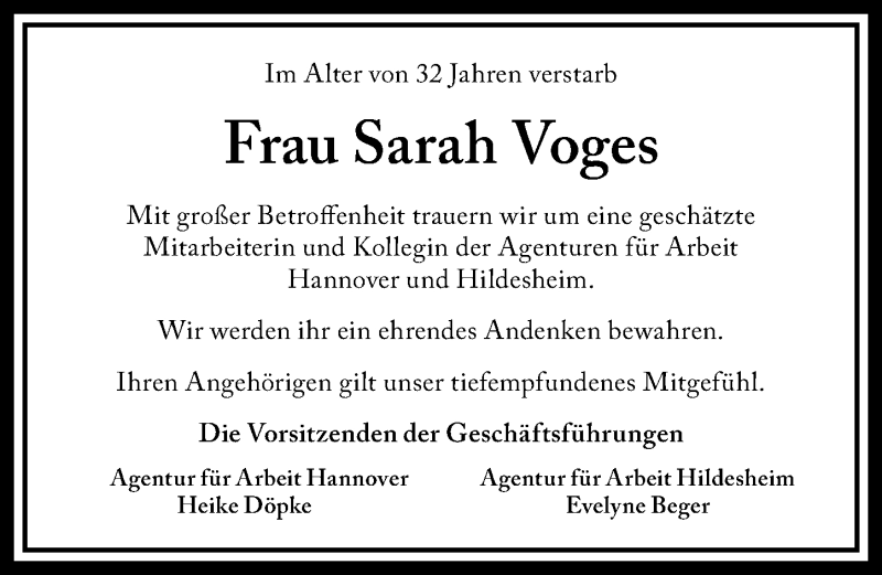  Traueranzeige für Sarah Voges vom 16.11.2019 aus Hildesheimer Allgemeine Zeitung