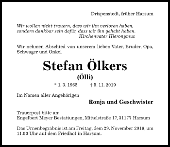 Traueranzeige von Stefan Ölkers von Hildesheimer Allgemeine Zeitung