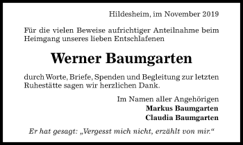 Traueranzeige von Werner Baumgarten von Hildesheimer Allgemeine Zeitung