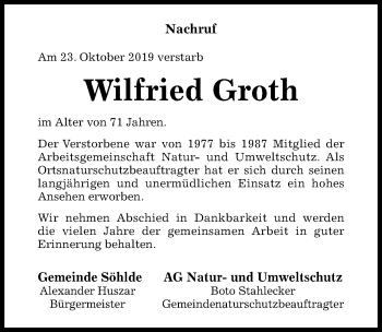 Traueranzeige von Wilfried Groth von Hildesheimer Allgemeine Zeitung