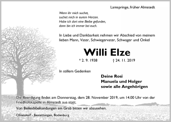 Traueranzeige von Willi Elze von Hildesheimer Allgemeine Zeitung