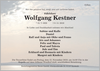 Traueranzeige von Wolfgang Kestner von Hildesheimer Allgemeine Zeitung