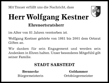 Traueranzeige von Wolfgang Kestner von Hildesheimer Allgemeine Zeitung