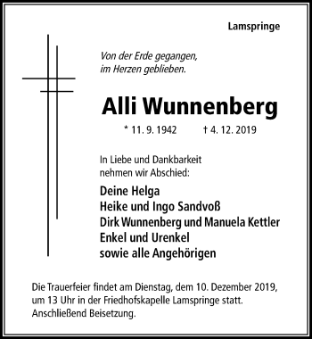 Traueranzeige von Alli Wunnenberg von Hildesheimer Allgemeine Zeitung