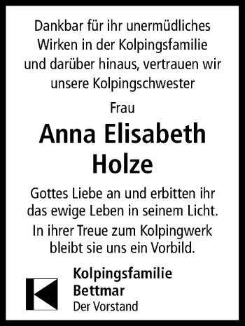 Traueranzeige von Anna Elisabeth Holze von Hildesheimer Allgemeine Zeitung