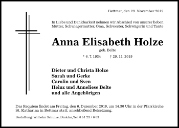 Traueranzeige von Anna Elisabeth Holze von Hildesheimer Allgemeine Zeitung