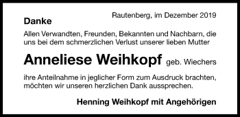 Traueranzeige von Anneliese Weihkopf von Hildesheimer Allgemeine Zeitung