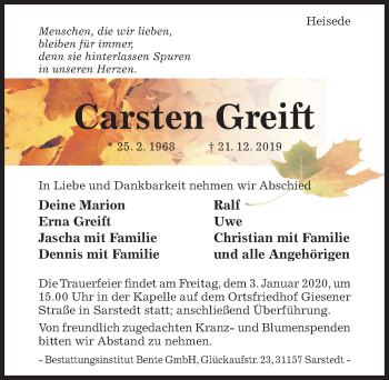 Traueranzeige von Carsten Greift von Hildesheimer Allgemeine Zeitung