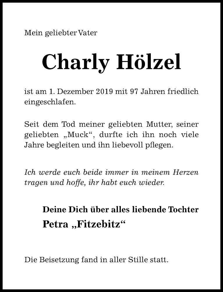  Traueranzeige für Charly Hölzel vom 09.12.2019 aus Hildesheimer Allgemeine Zeitung