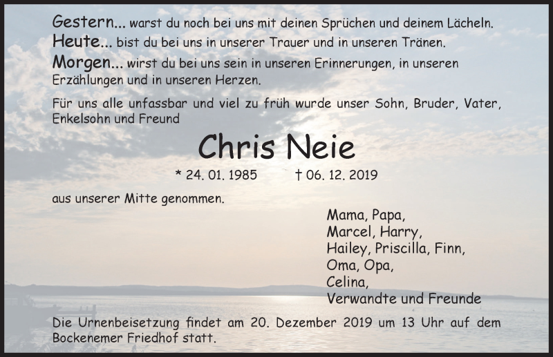  Traueranzeige für Chris Neie vom 16.12.2019 aus Hildesheimer Allgemeine Zeitung