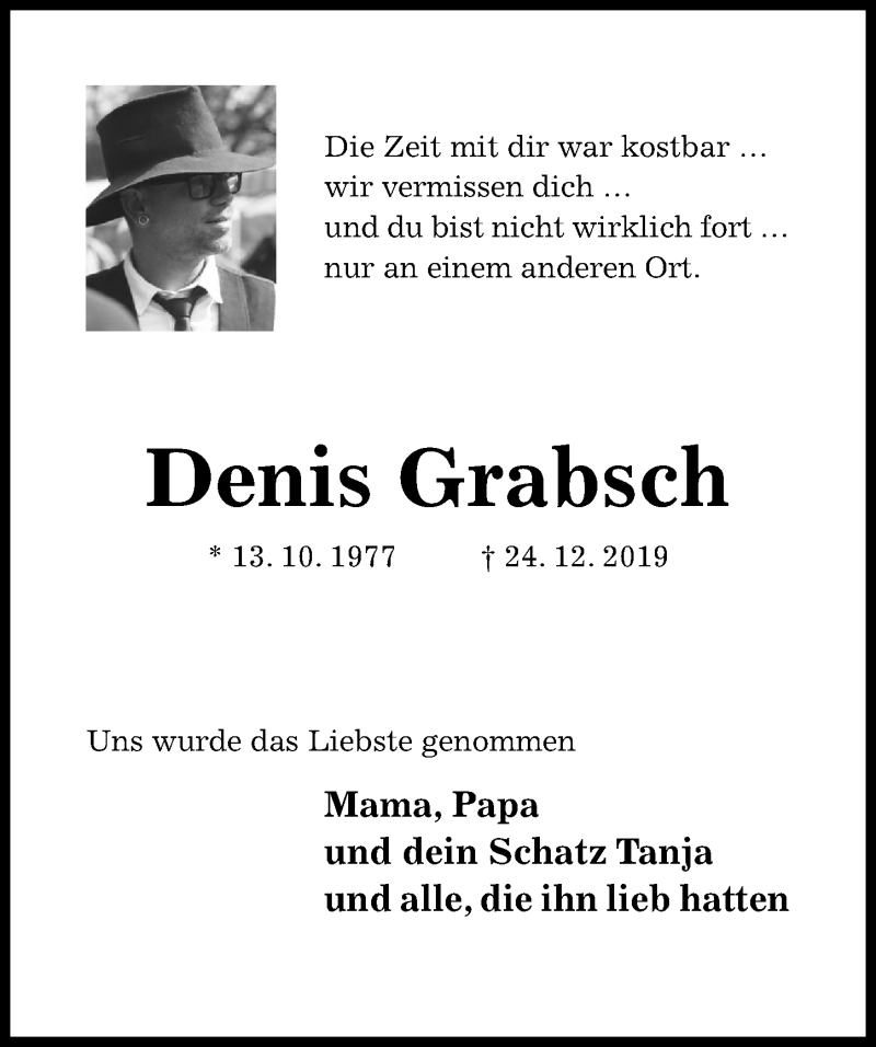  Traueranzeige für Denis Grabsch vom 31.12.2019 aus Hildesheimer Allgemeine Zeitung