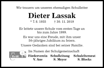 Traueranzeige von Dieter Lassak von Hildesheimer Allgemeine Zeitung