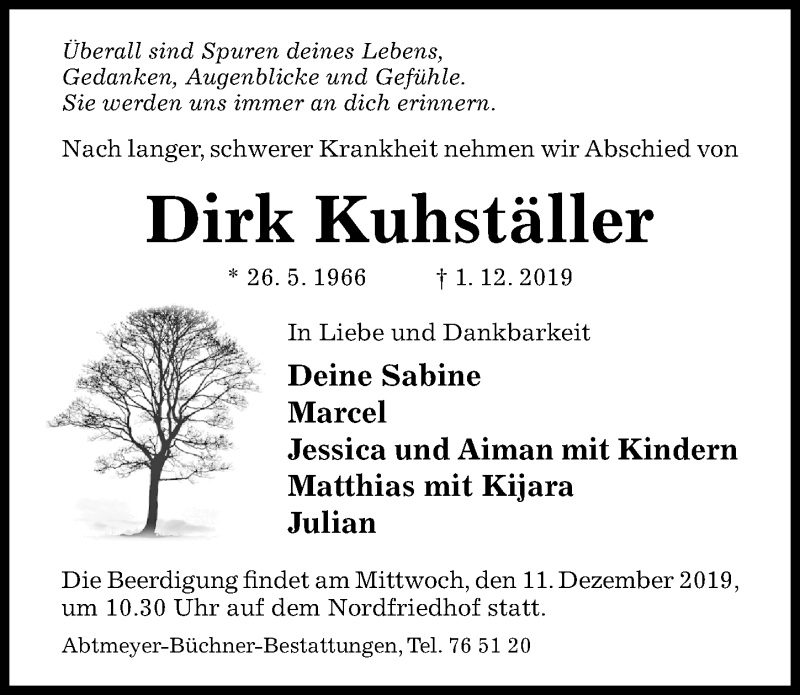 Traueranzeige für Dirk Kuhställer vom 09.12.2019 aus Hildesheimer Allgemeine Zeitung
