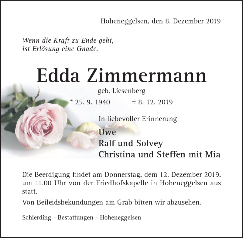  Traueranzeige für Edda Zimmermann vom 11.12.2019 aus Hildesheimer Allgemeine Zeitung