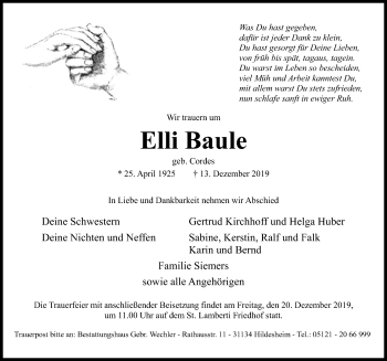 Traueranzeige von Elli Baule von Hildesheimer Allgemeine Zeitung