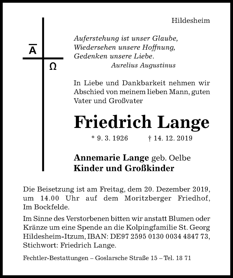  Traueranzeige für Friedrich Lange vom 17.12.2019 aus Hildesheimer Allgemeine Zeitung
