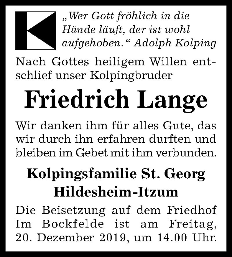  Traueranzeige für Friedrich Lange vom 18.12.2019 aus Hildesheimer Allgemeine Zeitung