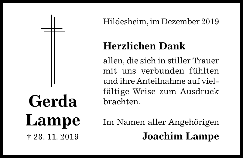  Traueranzeige für Gerda Lampe vom 19.12.2019 aus Hildesheimer Allgemeine Zeitung