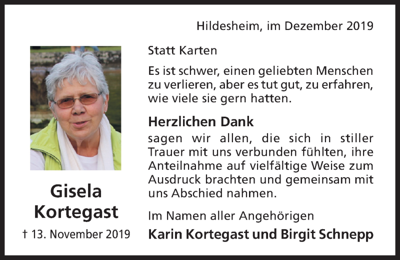  Traueranzeige für Gisela Kortegast vom 07.12.2019 aus Hildesheimer Allgemeine Zeitung