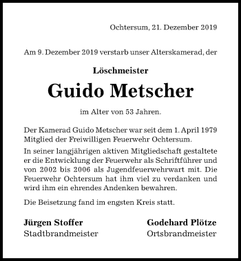 Traueranzeige von Guido Metscher von Hildesheimer Allgemeine Zeitung