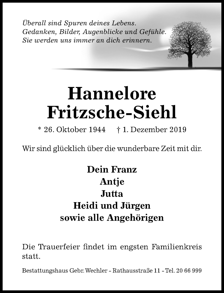  Traueranzeige für Hannelore Fritzsche-Siehl vom 04.12.2019 aus Hildesheimer Allgemeine Zeitung