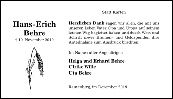 Traueranzeige von Hans-Erich Behre von Hildesheimer Allgemeine Zeitung