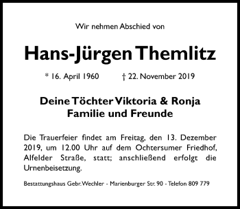 Traueranzeige von Hans-Jürgen Themlitz von Hildesheimer Allgemeine Zeitung