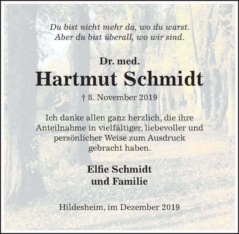  Traueranzeige für Hartmut Schmidt vom 14.12.2019 aus Hildesheimer Allgemeine Zeitung