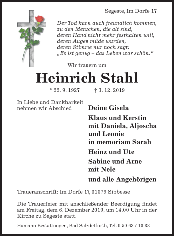 Traueranzeige von Heinrich Stahl von Hildesheimer Allgemeine Zeitung