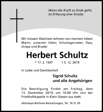 Traueranzeige von Herbert Schultz von Hildesheimer Allgemeine Zeitung