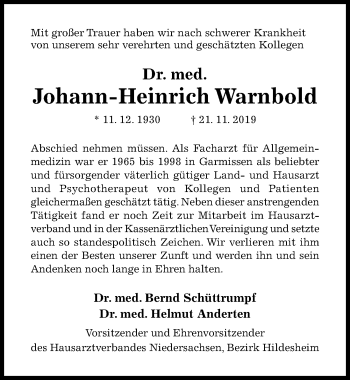 Traueranzeige von Johann-Heinrich Warnbold von Hildesheimer Allgemeine Zeitung