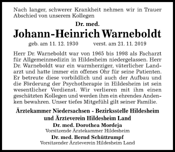 Traueranzeige von Johann-Heinrich Warneboldt von Hildesheimer Allgemeine Zeitung