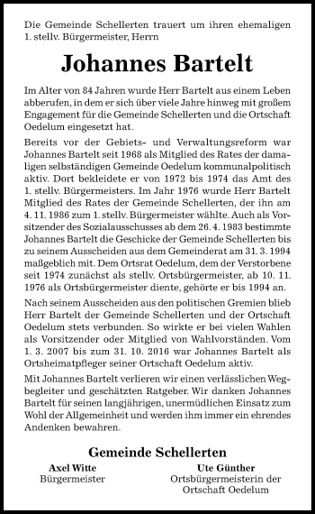 Traueranzeige von Johannes Bartelt von Hildesheimer Allgemeine Zeitung