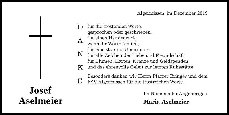  Traueranzeige für Josef Aselmeier vom 14.12.2019 aus Hildesheimer Allgemeine Zeitung