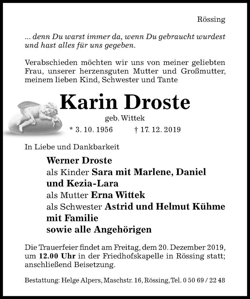  Traueranzeige für Karin Droste vom 20.12.2019 aus Hildesheimer Allgemeine Zeitung