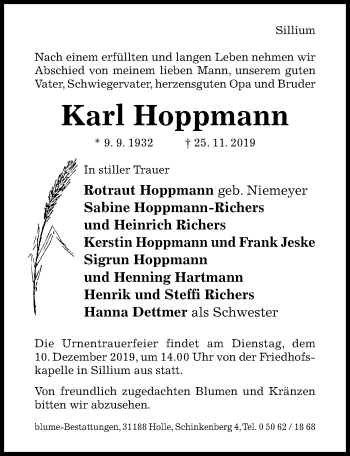 Traueranzeige von Karl Hoppmann von Hildesheimer Allgemeine Zeitung