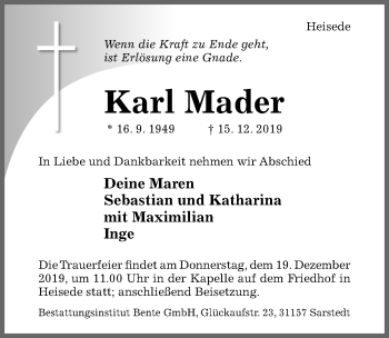 Traueranzeige von Karl Mader von Hildesheimer Allgemeine Zeitung