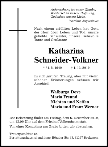 Traueranzeige von Katharina Schneider-Volkner von Hildesheimer Allgemeine Zeitung