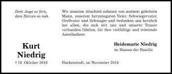 Traueranzeige von Kurt Niedrig von Hildesheimer Allgemeine Zeitung