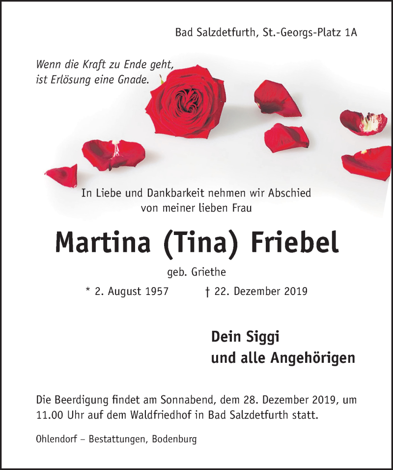  Traueranzeige für Martina Friebel vom 24.12.2019 aus Hildesheimer Allgemeine Zeitung