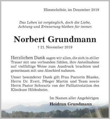 Traueranzeige von Norbert Grundmann von Hildesheimer Allgemeine Zeitung