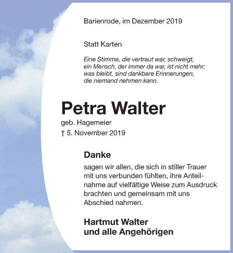  Traueranzeige für Petra Walter vom 14.12.2019 aus Hildesheimer Allgemeine Zeitung