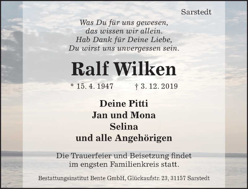  Traueranzeige für Ralf Wilken vom 06.12.2019 aus Hildesheimer Allgemeine Zeitung