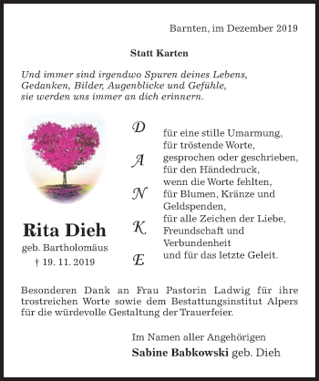 Traueranzeige von Rita Dieh von Hildesheimer Allgemeine Zeitung