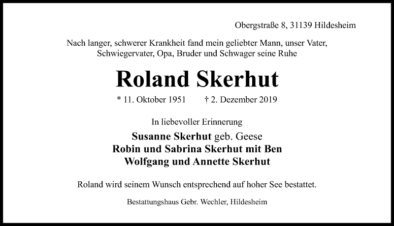  Traueranzeige für Roland Skerhut vom 07.12.2019 aus Hildesheimer Allgemeine Zeitung